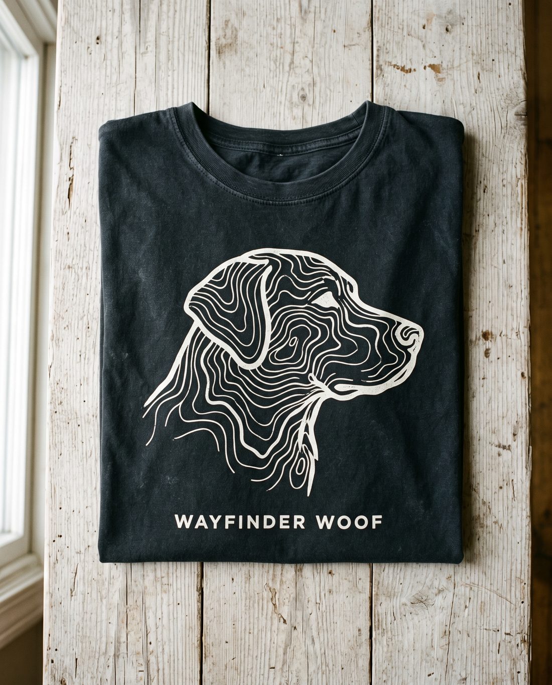 Washed black tee with a topographic contour dog head print